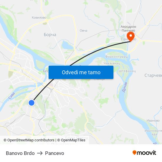 Banovo Brdo to Pancevo map