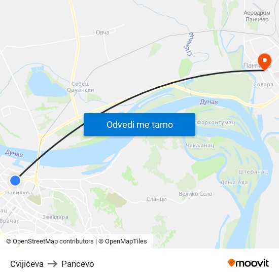Cvijićeva to Pancevo map