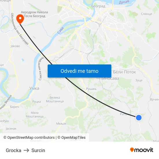 Grocka to Surcin map