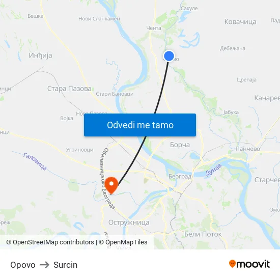 Opovo to Surcin map