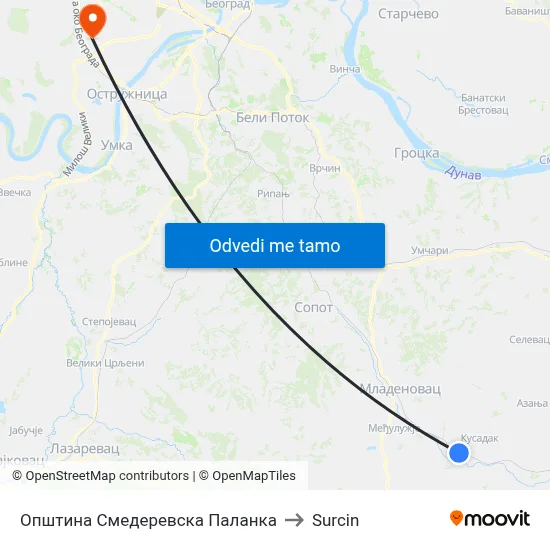 Општина Смедеревска Паланка to Surcin map