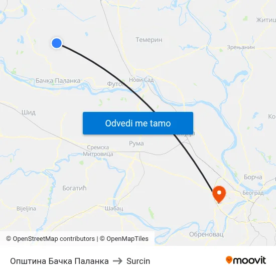 Општина Бачка Паланка to Surcin map