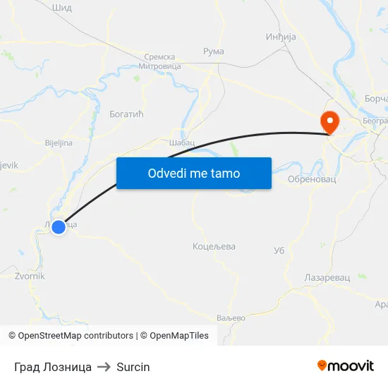 Град Лозница to Surcin map