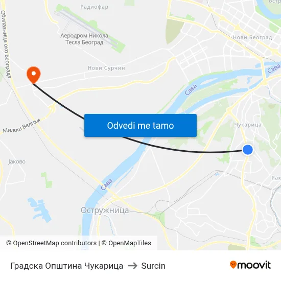 Градска Општина Чукарица to Surcin map