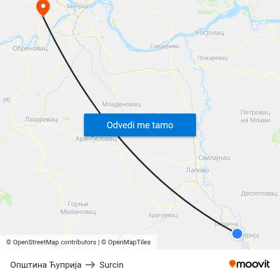 Општина Ћуприја to Surcin map