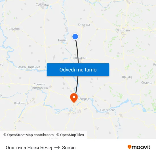 Општина Нови Бечеј to Surcin map