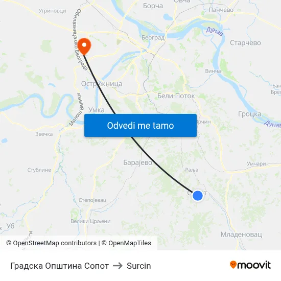 Градска Општина Сопот to Surcin map