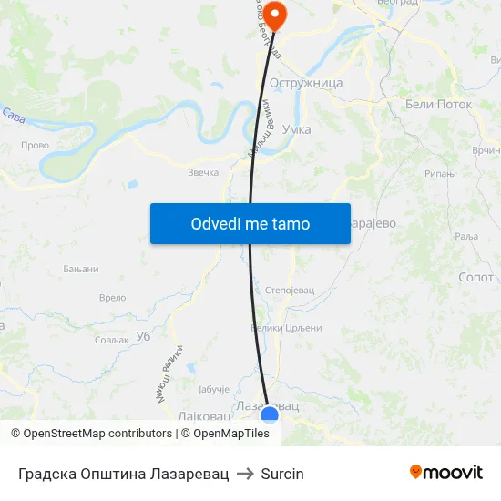 Градска Општина Лазаревац to Surcin map