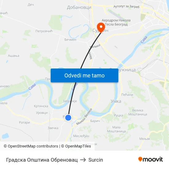Градска Општина Обреновац to Surcin map