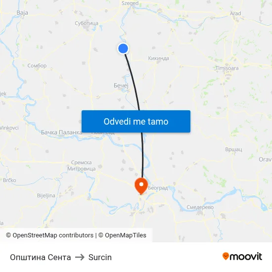Општина Сента to Surcin map