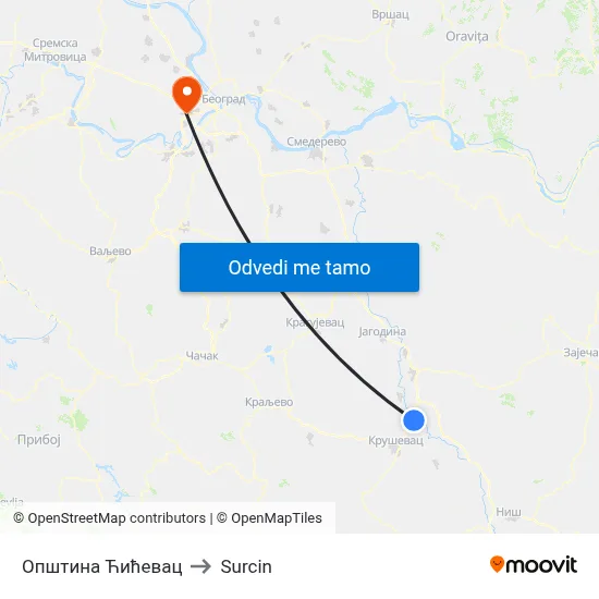 Општина Ћићевац to Surcin map