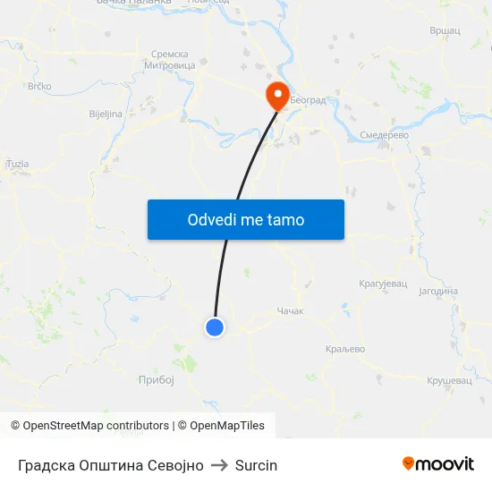 Градска Општина Севојно to Surcin map