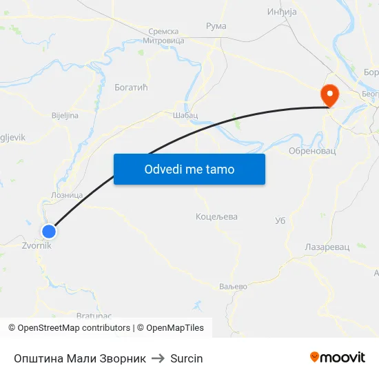 Општина Мали Зворник to Surcin map