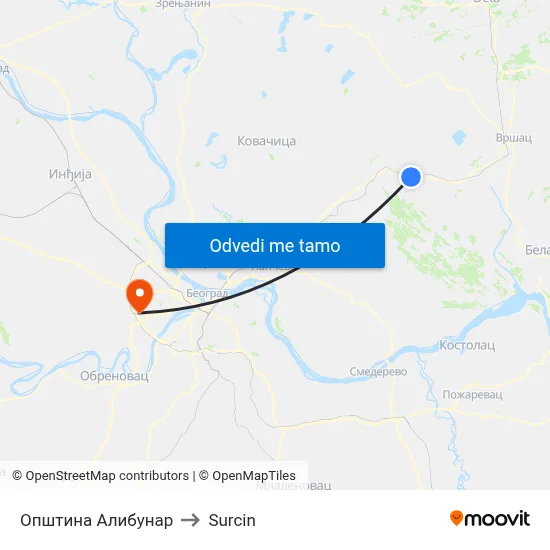 Општина Алибунар to Surcin map
