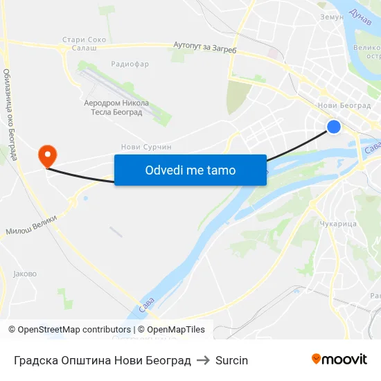 Градска Општина Нови Београд to Surcin map
