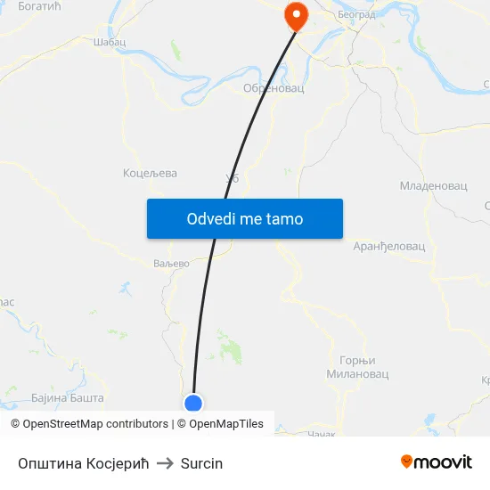 Општина Косјерић to Surcin map