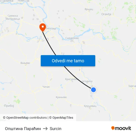 Општина Параћин to Surcin map