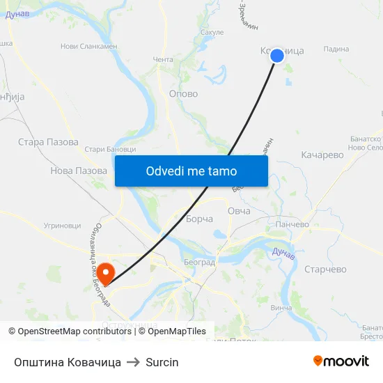 Општина Ковачица to Surcin map