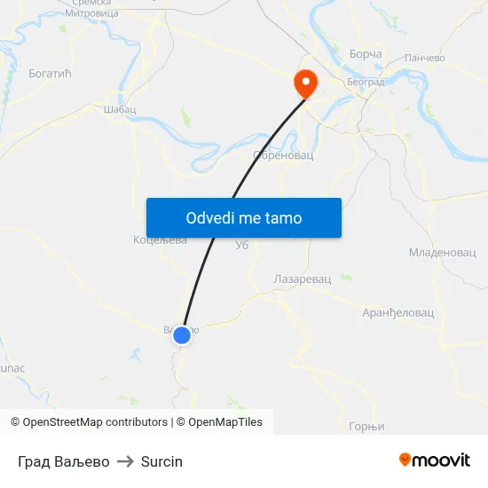 Град Ваљево to Surcin map