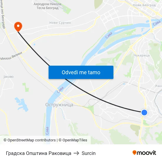 Градска Општина Раковица to Surcin map
