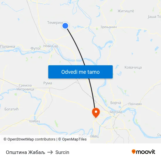 Општина Жабаљ to Surcin map