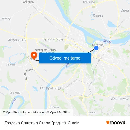 Градска Општина Стари Град to Surcin map