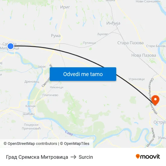 Град Сремска Митровица to Surcin map