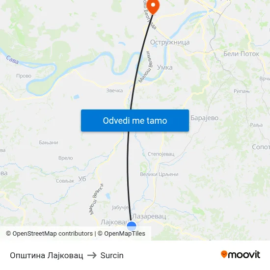 Општина Лајковац to Surcin map