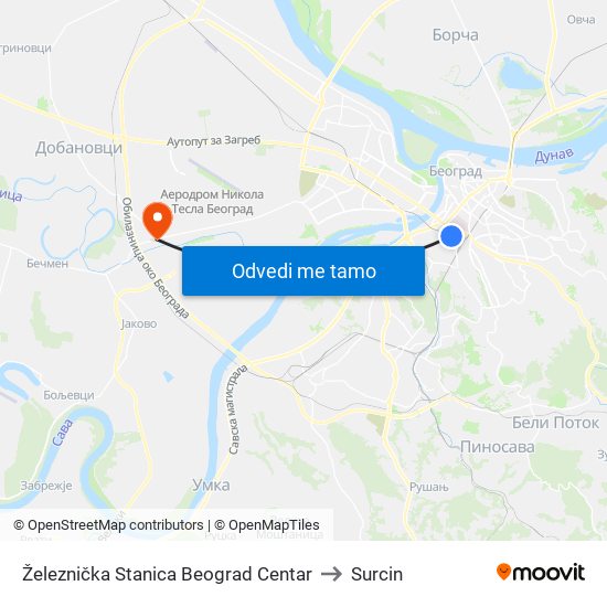 Železnička Stanica Beograd Centar to Surcin map