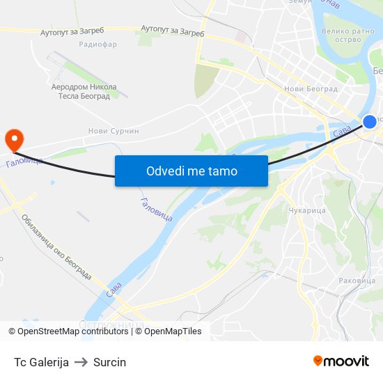 Tc Galerija to Surcin map