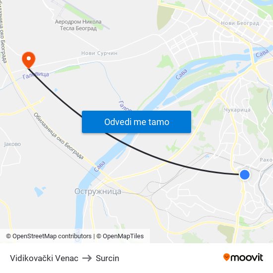 Vidikovački Venac to Surcin map