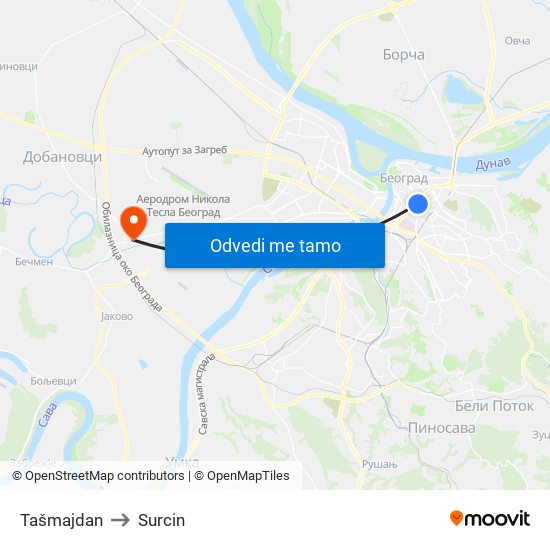 Tašmajdan to Surcin map