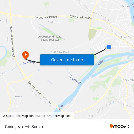 Gandijeva to Surcin map