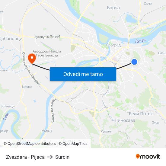 Zvezdara - Pijaca to Surcin map