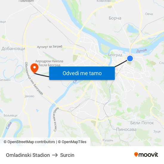 Omladinski Stadion to Surcin map