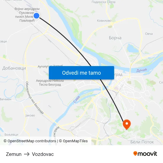 Zemun to Vozdovac map