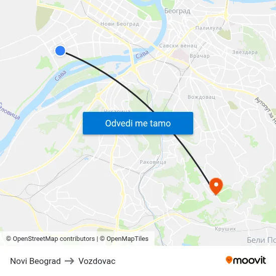 Novi Beograd to Vozdovac map