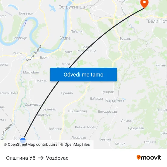Општина Уб to Vozdovac map