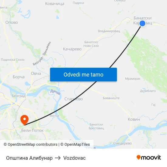 Општина Алибунар to Vozdovac map
