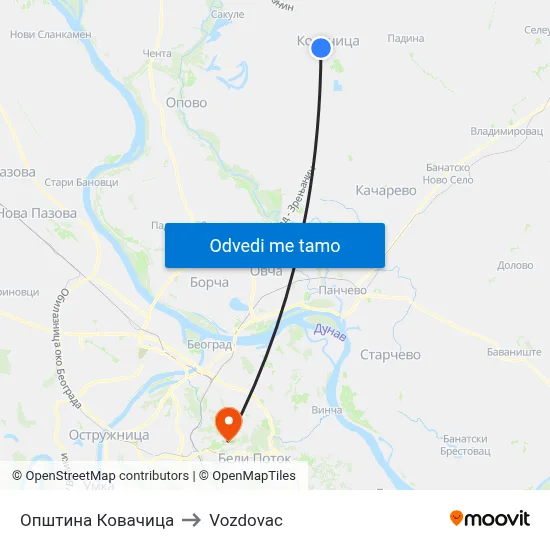 Општина Ковачица to Vozdovac map