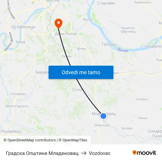 Градска Општина Младеновац to Vozdovac map