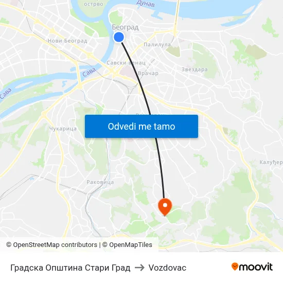 Градска Општина Стари Град to Vozdovac map