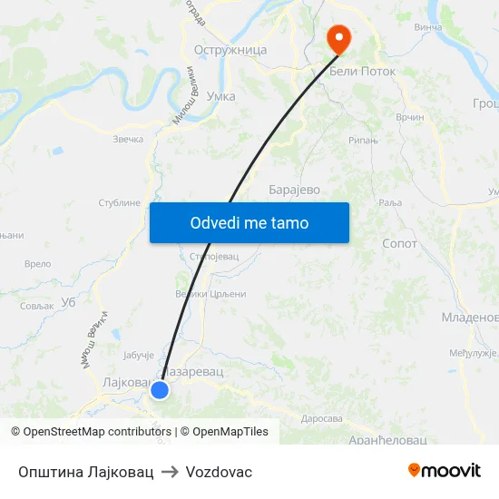 Општина Лајковац to Vozdovac map