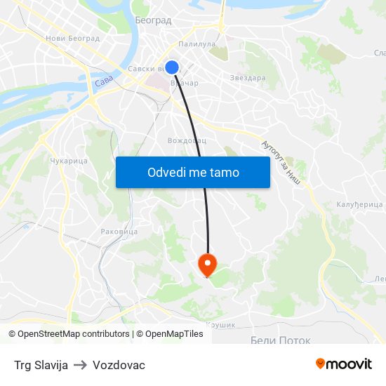 Trg Slavija to Vozdovac map