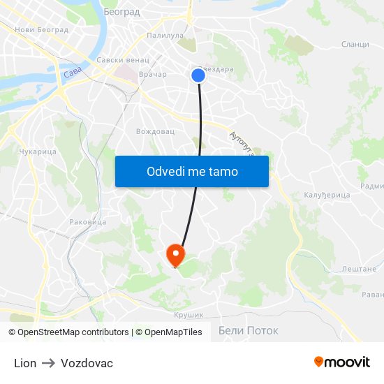 Lion to Vozdovac map