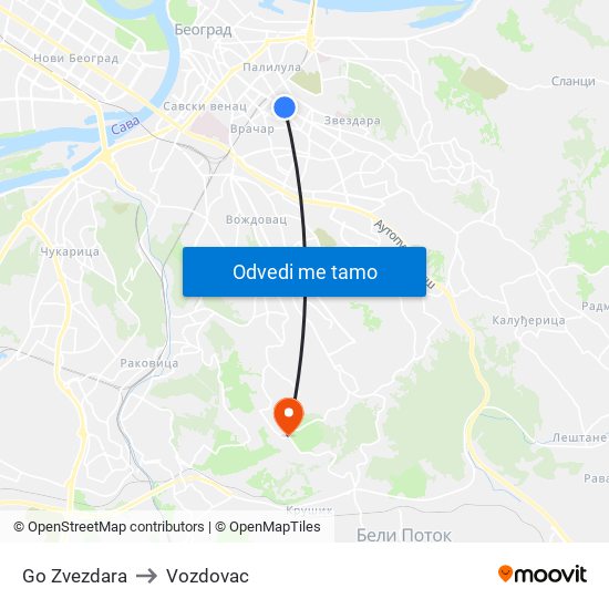 Go Zvezdara to Vozdovac map