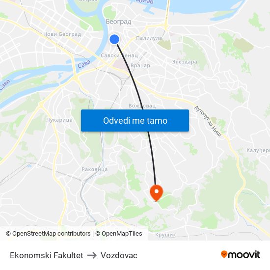 Ekonomski Fakultet to Vozdovac map
