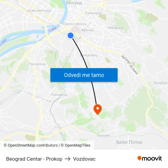 Beograd Centar - Prokop to Vozdovac map