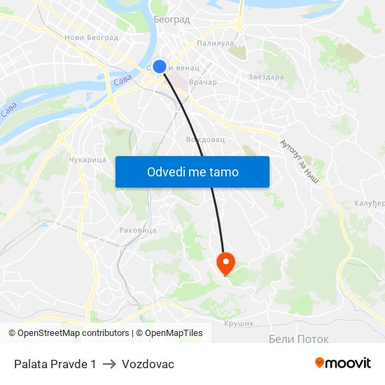 Palata Pravde 1 to Vozdovac map