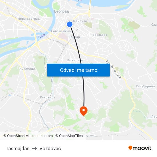 Tašmajdan to Vozdovac map